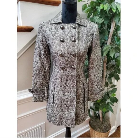 Rafaella Petites Grey Metallic Brocade Knee Length Trench Coat Sz SP - Picture 7 of 9